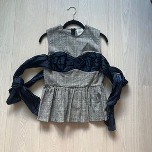 Sleeveless Peplum Plaid Top with Navy Satin Bustier and Shoulder Ties